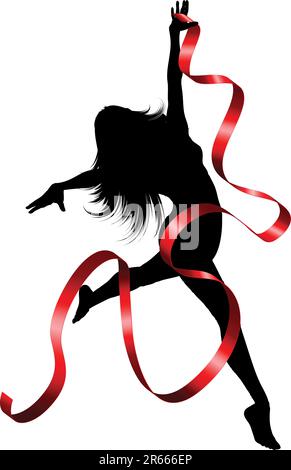 Silhouette di una femmina di ballare con un nastro rosso Illustrazione Vettoriale