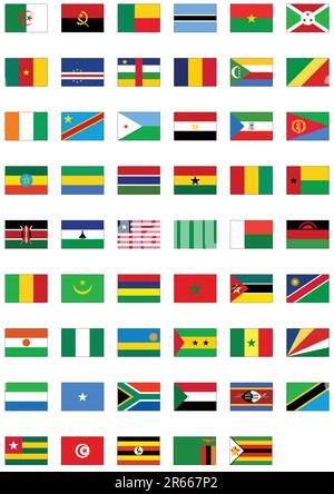 Serie vettoriale completa di bandiere provenienti dall'Africa. Tutti gli oggetti sono raggruppati e contrassegnati con il nome del paese. Illustrazione Vettoriale
