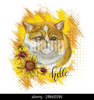 Carino gatto persiano testa con girasoli. Primo piano ritratto gatto. Ciao citazione scritta. Illustrazione vettoriale moderna disegnata a mano. Design per t-shirt, stampa, Illustrazione Vettoriale
