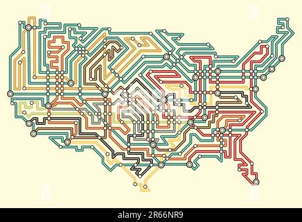 Vettoriale modificabile mappa illustrata degli USA nella mappa metropolitana style Illustrazione Vettoriale