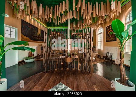 hall y comedor de departamento con acabados de madera inspirados en la selva peruana Foto Stock