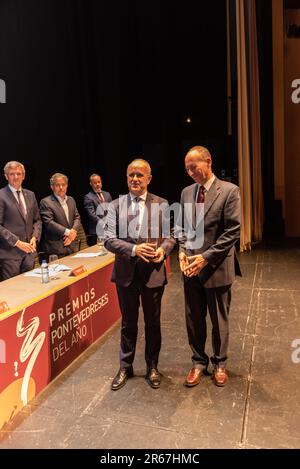 pontevedra, Spagna. Jun, 6th 2023.The Pontevedreses Awards premia la carriera di Víctor González. Raccoglie il premio ai ponteggi dell'anno nella sezione Ricerca e Università per conto dell'UNED. Credit:Xan Gasalla / Alamy Live News Foto Stock