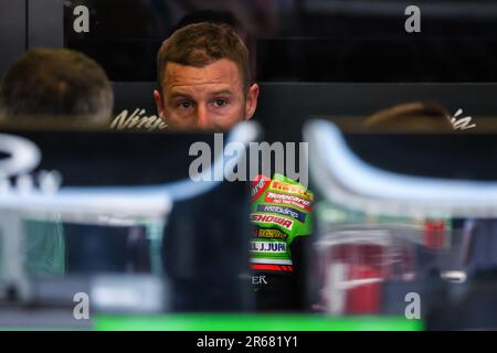 Misano Adriatico, Italia. 04th giugno, 2023. Jonathan Rea del Kawasaki Racing Team WorldSBK visto durante il Campionato Mondiale FIM SBK Superbike Pirelli Emilia-Romagna Round al circuito Mondiale di Misano. (Foto di Fabrizio Carabelli/SOPA Images/Sipa USA) Credit: Sipa USA/Alamy Live News Foto Stock