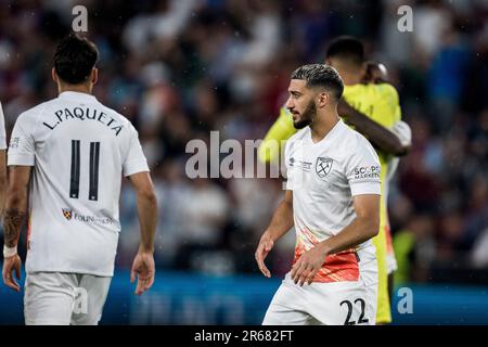 Praga, Repubblica Ceca. 07th giugno, 2023. Ha detto Benrahma (22) di West Ham United visto durante la finale della UEFA Europa Conference League tra Fiorentina e West Ham United all'Eden Arena di Praga. Credit: Gonzales Photo/Alamy Live News Foto Stock