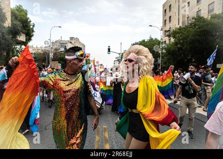 Israele. 01st giugno, 2023. Il drag show conduce la parata annuale dell'orgoglio di Gerusalemme. Gerusalemme, Israele. Giugno 01th 2023. (Matan Golan/Sipa USA). Credit: Sipa USA/Alamy Live News Foto Stock