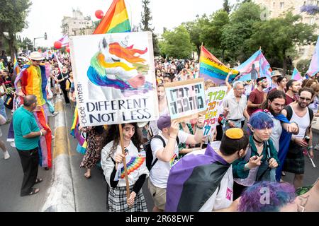 Israele. 01st giugno, 2023. Il partecipante alla parata di orgoglio di Gerusalemme porta con sé un cartello con un unicorno arcobaleno. Gerusalemme, Israele. Giugno 01th 2023. (Matan Golan/Sipa USA). Credit: Sipa USA/Alamy Live News Foto Stock