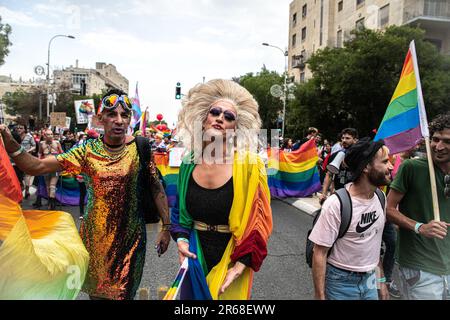 Israele. 01st giugno, 2023. Il drag show conduce la parata annuale dell'orgoglio di Gerusalemme. Gerusalemme, Israele. Giugno 01th 2023. (Matan Golan/Sipa USA). Credit: Sipa USA/Alamy Live News Foto Stock