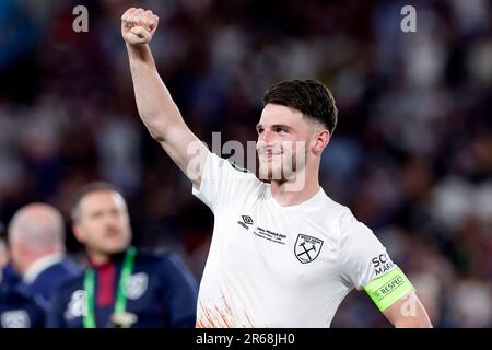 Praga, Repubblica Ceca. 07th giugno, 2023. Declan Rice of West Ham United festeggia alla fine della Conference League Final tra ACF Fiorentina e West Ham United FC allo stadio Eden Arena di Praga (Repubblica Ceca), 7th giugno 2023. Credit: Insidefoto di andrea staccioli/Alamy Live News Foto Stock