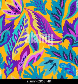 Motivo luminoso senza cuciture con forme ornamentali colorate ed elementi decorativi floreali. Stampa psichedelica hippie. Illustrazione Vettoriale