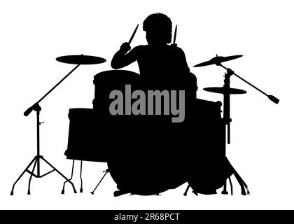 Silhouette del batterista su sfondo bianco. Un'illustrazione vettoriale. Illustrazione Vettoriale