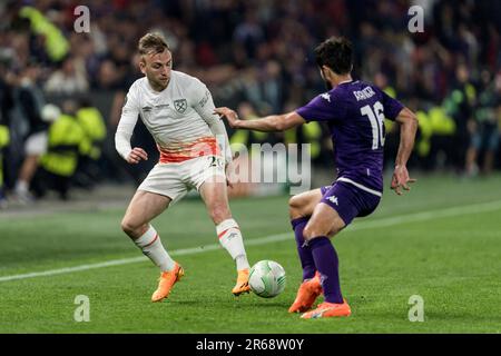 Praga, Repubblica Ceca. 07th giugno, 2023. Jarrod Bowen (20) di West Ham visto durante la finale della UEFA Europa Conference League tra Fiorentina e West Ham Uniti all'Eden Arena di Praga. Credit: Gonzales Photo/Alamy Live News Foto Stock