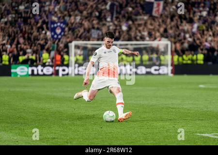 Praga, Repubblica Ceca. 07th giugno, 2023. Declan Rice (21) di West Ham United visto durante la finale della UEFA Europa Conference League tra Fiorentina e West Ham United all'Eden Arena di Praga. Credit: Gonzales Photo/Alamy Live News Foto Stock