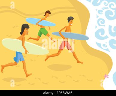 Gruppo di Surfers che corre verso forme d'onda Illustrazione Vettoriale