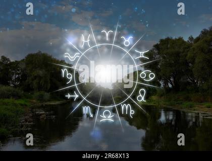 Ruota zodiacale con 12 segni astrologici e paesaggio fluviale sullo sfondo Foto Stock