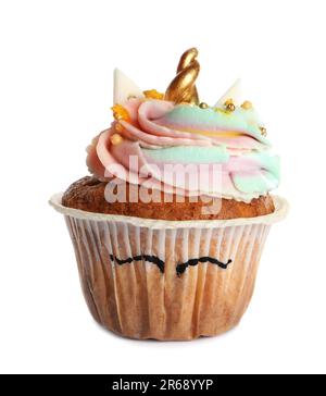 Cupcake dolce e carino unicorno isolato su bianco Foto Stock