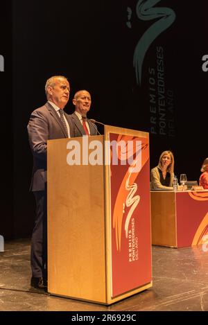 pontevedra, Spagna. Giu, 6th 2023. Victor Gonzalez in un momento del suo discorso dopo aver ricevuto il premio pontevedres dell'anno in ricerca e universi Foto Stock