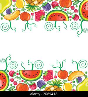 Diversi tipi di frutta deliziosa combinati nella cornice. Con spazio per il testo Illustrazione Vettoriale