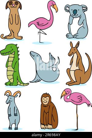 Set di 9 animali da zoo. Illustrazione Vettoriale