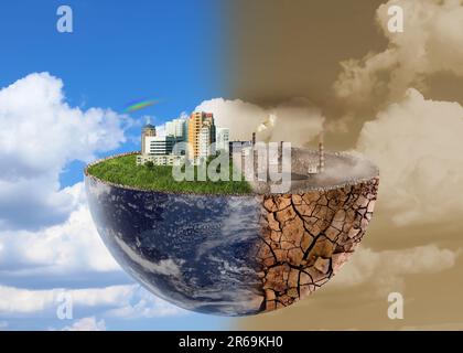 Inquinamento ambientale. Collage diviso in terra pulita e contaminata contro il cielo. Globo dimezzato con edifici e erba verde su un lato e cr Foto Stock