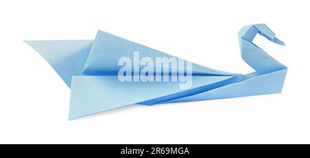 Carta blu chiaro cigno isolato su bianco. Origami arte Foto Stock