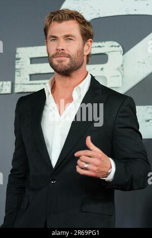 Madrid, Spagna. 07th giugno, 2023. L'attore australiano Chris Hemsworth svetta mentre arriva alla prima di Netflix US Serie 'Tyler Rake 2' a Madrid il 7 giugno 2023. Spagna (Foto di Oscar Gonzalez/NurPhoto) Credit: NurPhoto SRL/Alamy Live News Foto Stock