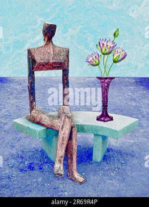 Frans Kokshoorn - scultura in bronzo di in Ten Boer/Olanda - personaggio seduto con vaso di fiori Foto Stock