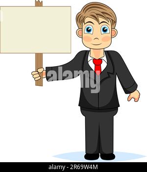 vector illustration of a cute boy businessman holding blank sign . No gradient Stock Vector