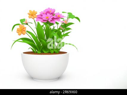 3d bella fiore, fiori natura e vaso di illustrazione isolato su sfondo bianco, copia spazio Foto Stock