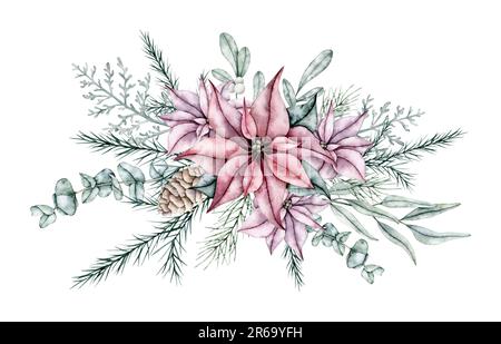 Bouquet natalizio di fiori rossi di poinsettia, cono di pino, pianta d'argento polverosa Miller, rametto di bacca di neve e abete rosso smeraldo, eucalipto, ramoscello di pino Foto Stock