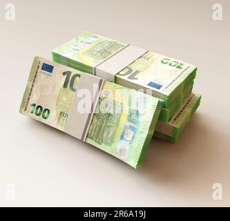 Una pila di banconote in euro impacchettate su uno sfondo chiaro isolato - rendering 3D Foto Stock