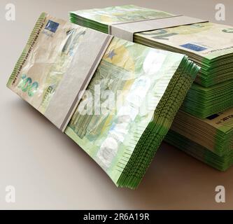 Una pila di banconote in euro impacchettate su uno sfondo chiaro isolato - rendering 3D Foto Stock