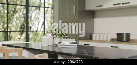 Copia spazio su un banco cucina in marmo nero in una moderna cucina bianca. immagine ravvicinata. rappresentazione 3d, illustrazione 3d Foto Stock