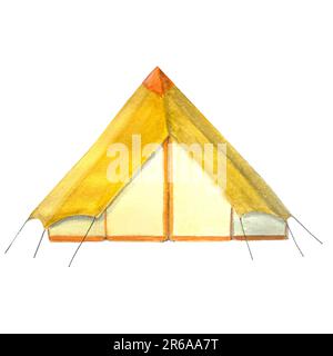 Acquerello dipinto a mano raffigurazione tenda gialla isolata su bianco. Turismo, viaggi, campeggio, progettazione escursionistica. Clipart. Illustrazione di alta qualità Foto Stock