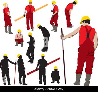 Team di lavoratori edili in rosso workwear un caschi gialli. Illustrazione Vettoriale e sagome Illustrazione Vettoriale