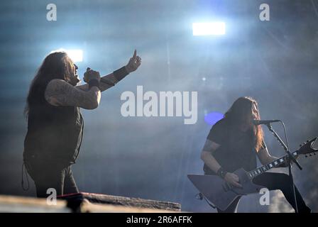 Chuck Billy of Testament si esibisce dal vivo sul Rock Stage al Sweden Rock Festival il 07 giugno 2023. Foto: Fredrik Sandberg / TT / codice 10080 Foto Stock