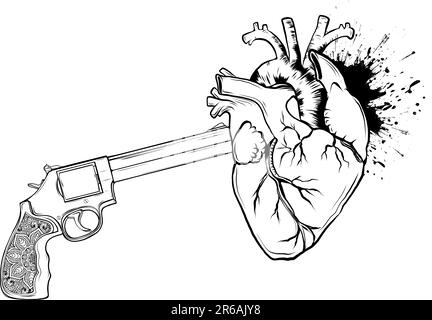 La silhouette Vector Black di un'elegante pistola nera che soffia un cuore invece di sparare proiettili Illustrazione Vettoriale