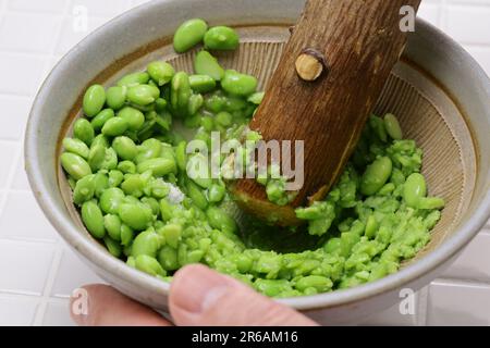 Zunda mochi (torta di riso avvolta in pasta di edamame dolce), un dessert giapponese Foto Stock