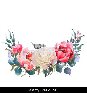 Fiori rosa e bianco peonie acquerello e foglie di eucaliptus, clip art floreale Bouquet perfetto per la stampa di design su inviti, biglietti, muro ar Foto Stock