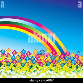 Daisy Flowers sfondo con un meraviglioso arcobaleno nel cielo Illustrazione Vettoriale