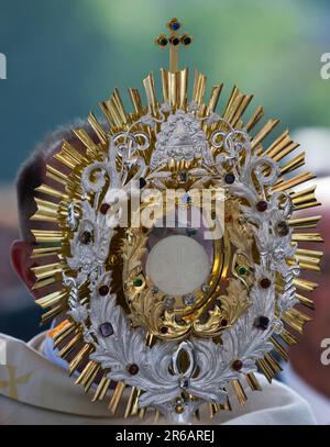 Crostwitz, Germania. 08th giugno, 2023. Padre Mercin Delenk porta l'ostensorio durante la processione del Corpus Domini. La "Solennità del Santissimo corpo e sangue di Cristo" è una vacanza nella Lusazia sorbiana e si celebra con i servizi della chiesa e le processioni. Credit: Matthias Rietschel/dpa/Alamy Live News Foto Stock