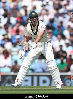 CORREZIONE DIDASCALIA cambiando il nome della persona nella foto in Cameron Green. La didascalia corretta dovrebbe essere Cameron Green in azione durante il secondo giorno della partita finale del Campionato del mondo di test ICC all'Oval, Londra. Data immagine: Giovedì 8 giugno 2023. Foto Stock