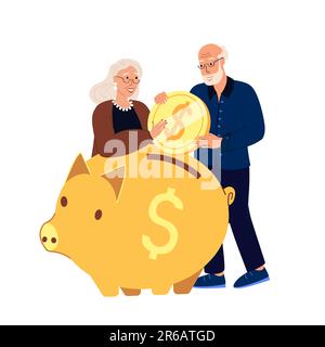 Risparmi di fondo pensione, coppia felice anziano uomo, personaggi donna mettere Coin a Piggy Bank gioire per ottenere Superannuation.Senior Grandparents pensionamento, Mo Foto Stock