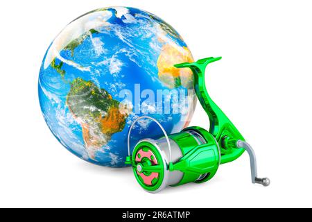 Mulinello rotante con globo terrestre. 3D rendering isolato su sfondo bianco Foto Stock