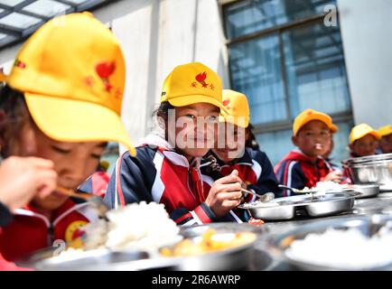 (230608) -- TINGRI, 8 giugno 2023 (Xinhua) -- gli studenti pranzano presso una scuola elementare del comune di Zhaxizom nella contea di Tingri, Xigaze City, regione autonoma del Tibet nel sud-ovest della Cina, 5 giugno 2023. La scuola elementare di Zhaxizom Township è la scuola più vicina al Monte Qomolangma, con una distanza di poco più di 40 chilometri. Per soddisfare le diverse esigenze degli studenti, la scuola ha istituito classi di interesse come pianoforte, informatica, arte, trasmissione, sport, danza e artigianato. Attualmente, la scuola elementare ha un solo pianoforte. Pertanto, le tastiere elettroniche vengono utilizzate come substi Foto Stock