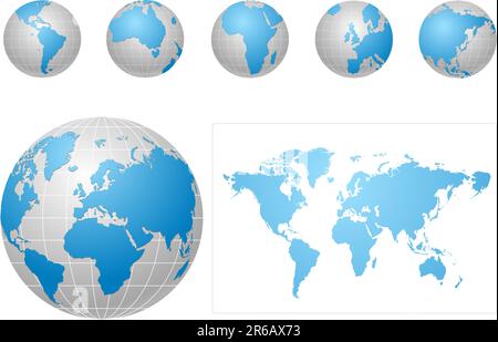 Icone globali e mappa blu e grigio Illustrazione Vettoriale