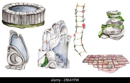 Pietra entrare con scale con erba, parte del tetto, wndow e pietra bene per fata. Acquerello illustrazione disegnata a mano . Perfetto per biglietti d'auguri e post Foto Stock