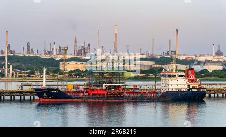 Sunrise Over gas Ships e esso Oil Terminal, Southampton, Hampshire, Inghilterra Foto Stock