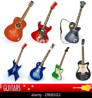 Set di sette diverse chitarre, facili da modificare e pronte all'uso. Illustrazione Vettoriale