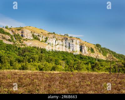 Whitbarrow Scar da Foulshaw Moss, una torbiera rialzata di terra bassa, Cumbria, Regno Unito. Foto Stock