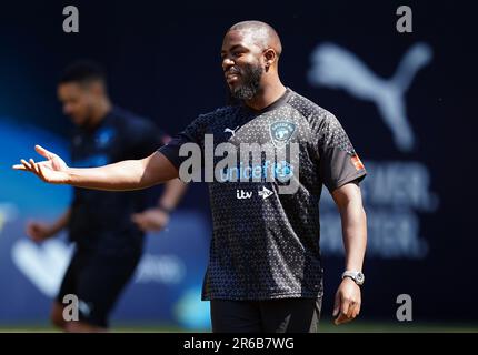 World XI's Mo Gilligan durante una sessione di allenamento al Champneys Tring davanti al Soccer Aid per la partita UNICEF 2023 di domenica. Data immagine: Giovedì 8 giugno 2023. Foto Stock